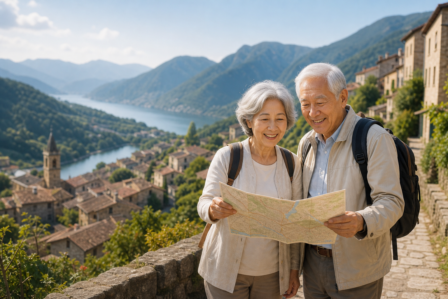 退休银发夫妇在山城慢旅行