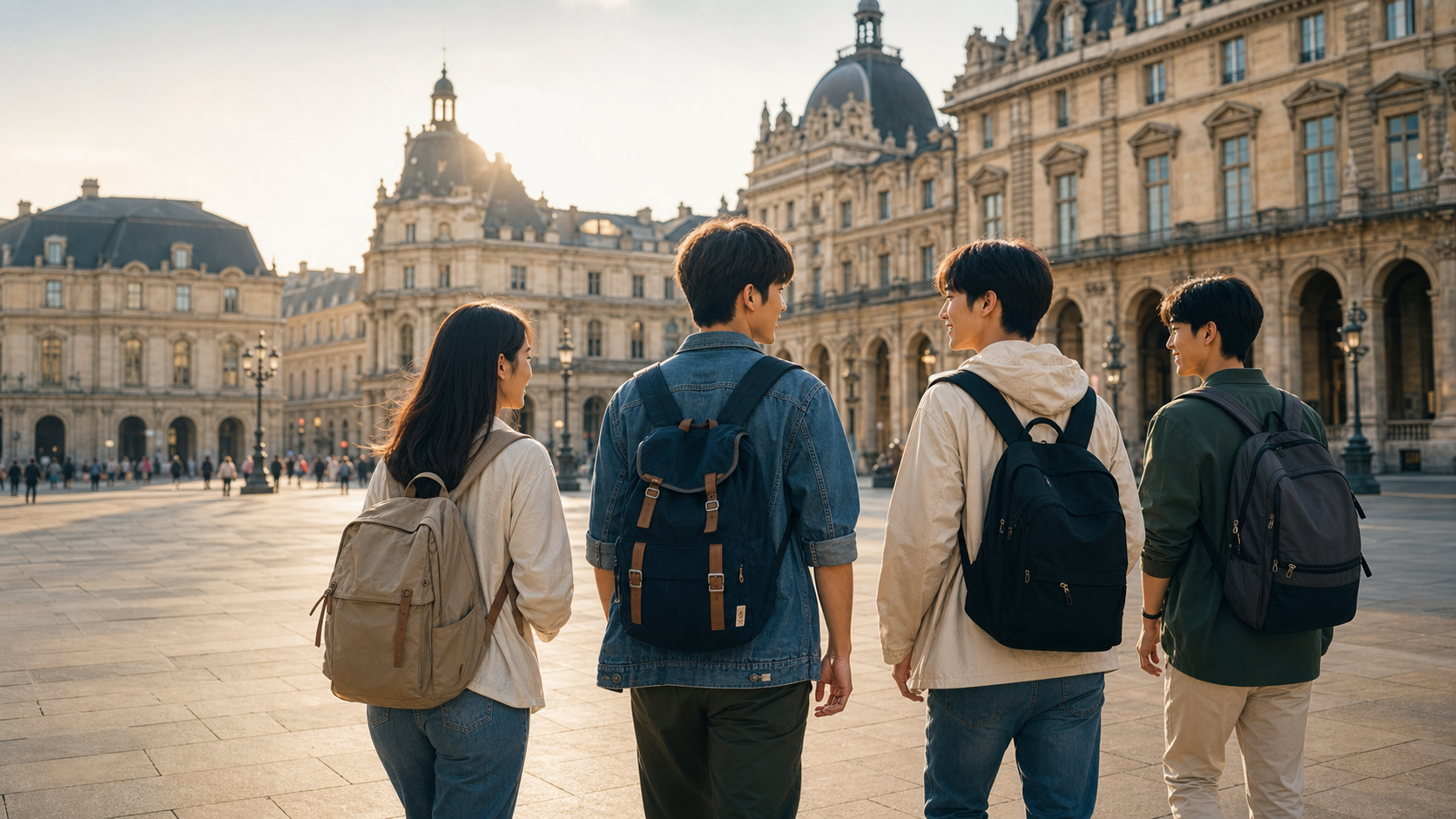 青年学生在欧洲广场研学旅行